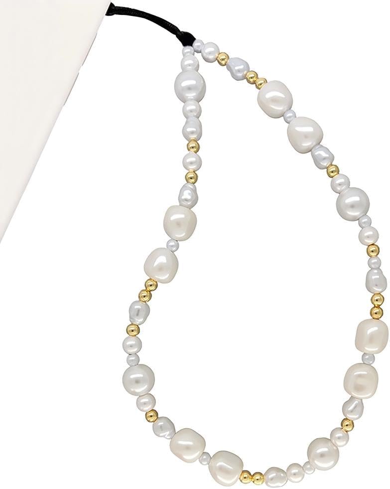 WCCH Beaded Phone Charm Y2K Kawaii Handmade Acrylic Phone Lanyard Wrist Strap for Camera Bag Airpods Keychain Charm Gold and White Pearls - Image 1